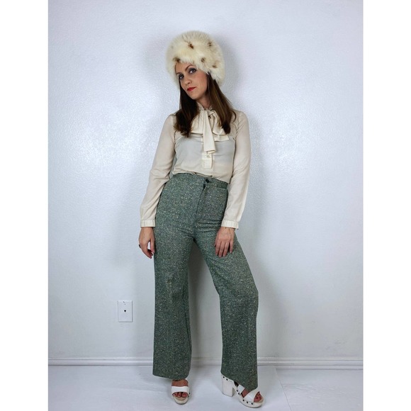 vintage 70s Green TWEED SPECKLED TROUSERS 26 wide leg trousers flares bellbottom - Picture 9 of 10